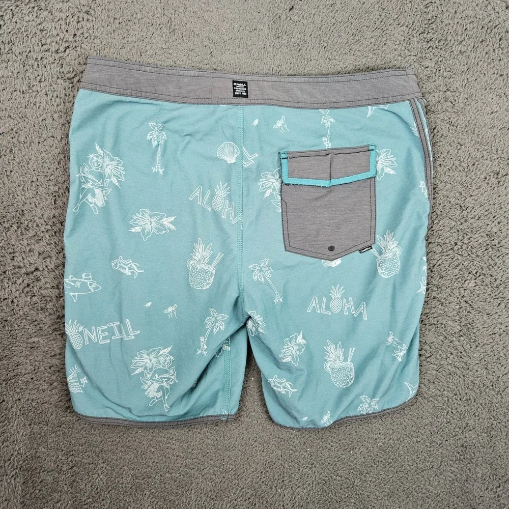 ONeill Hyperfreak Mens Board Shorts 32 Teal Aloha Tropical Print Stretch Swim - Picture 10 of 12